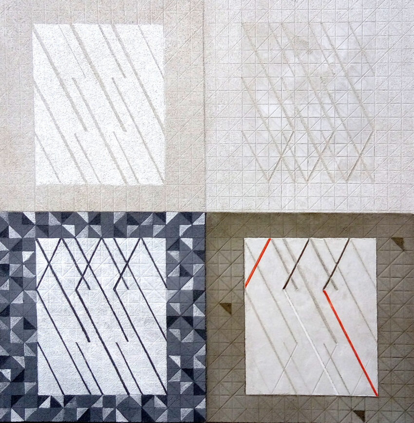 The image features a geometric abstract sgraffito divided into four sections, each with a distinct pattern and texture. The upper sections have light beige and white tones with subtle linear and diamond-shaped engravings. The lower-left section has a bold black, white, and grey triangular pattern with intersecting dark lines. The lower-right section contains a white panel with fine diagonal lines, some accented in bright red, set against an earthy-toned background.