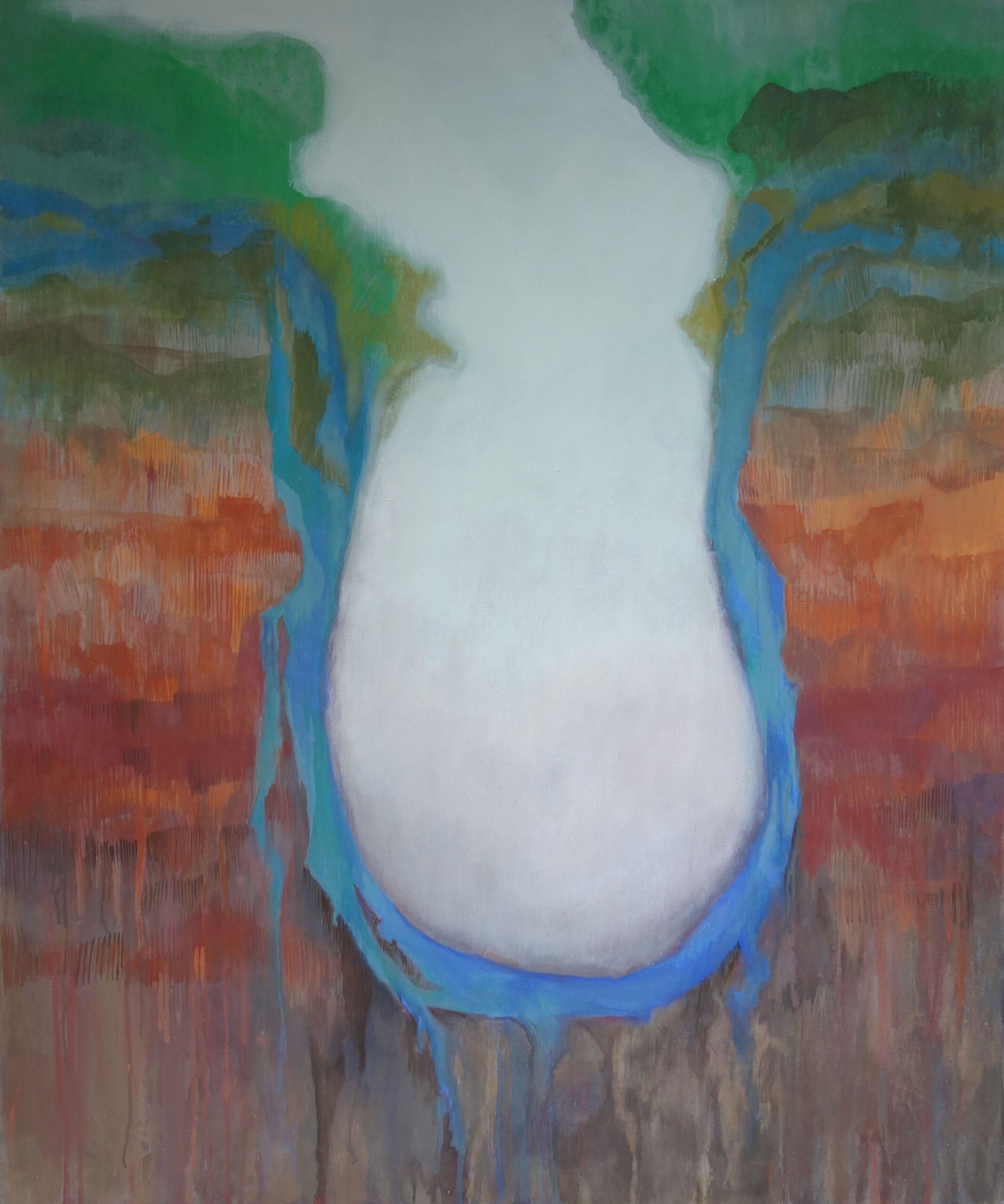 An abstract painting with earth to green colours on the sides and bluish in the middle in the shape of a drop, separated by a clear blue boundary