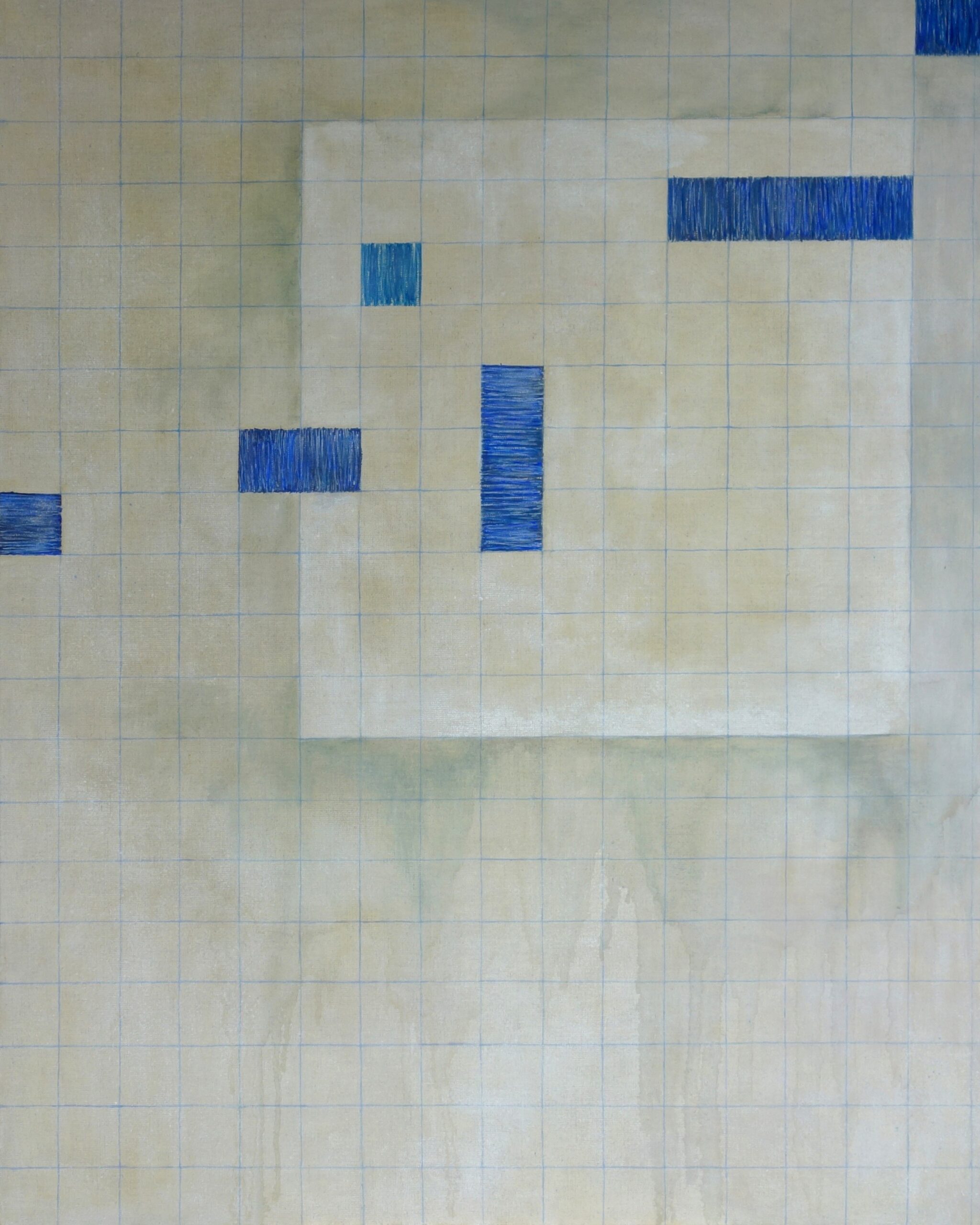 An abstract painting with a bluish grid and some blue squares and rectangles
