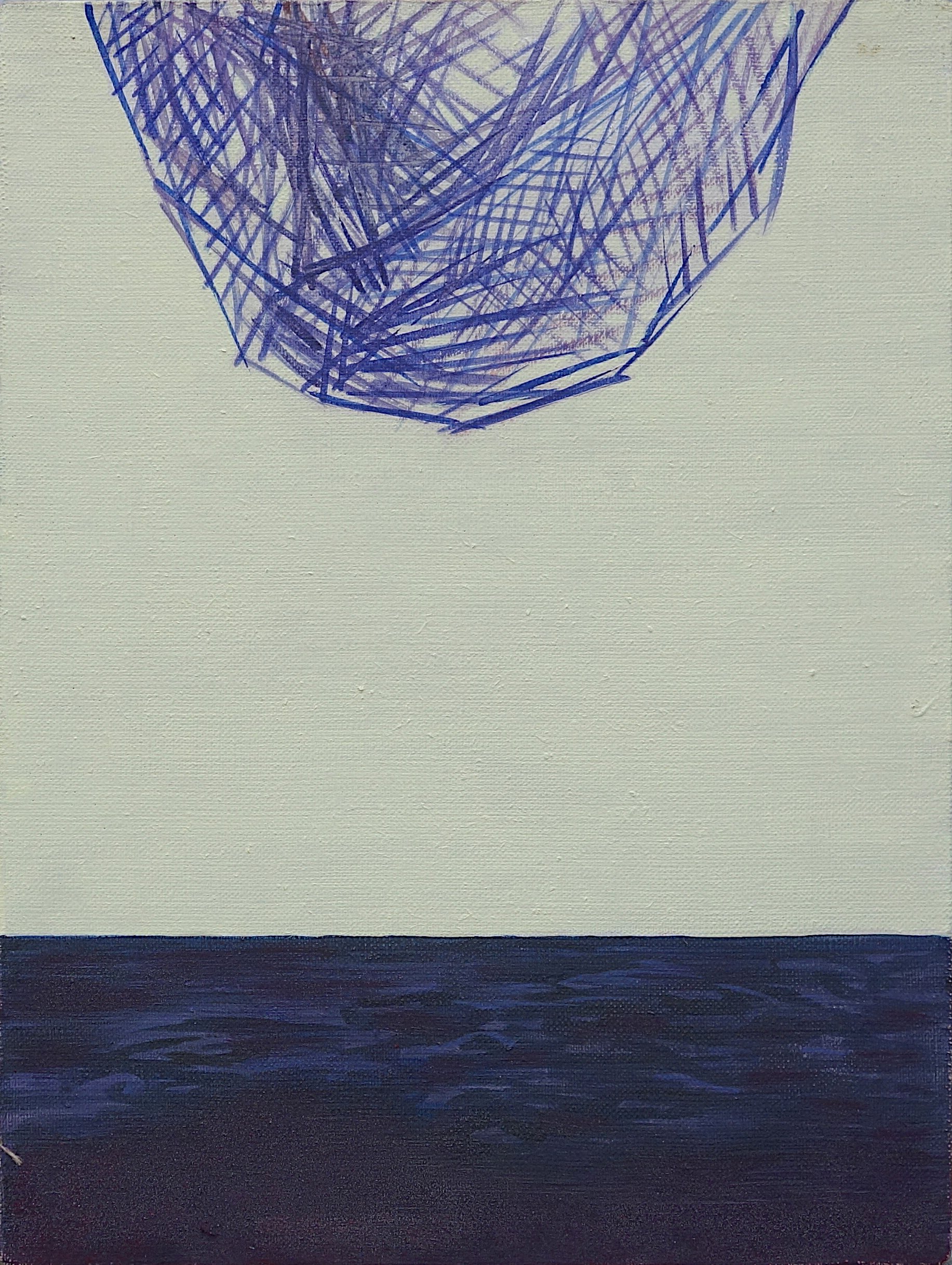An image divided into two parts, the bottom part is dark and the top part has a bluish background against which a reddish net is visible.