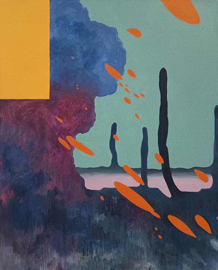 An abstract painting with a blend of deep blues, purples, and greens, contrasted by bold orange shapes floating across the canvas. Tall, dark vertical forms rise from the lower half, while a geometric yellow block anchors the upper left. The composition evokes movement and mystery, with an interplay of organic and structured elements.