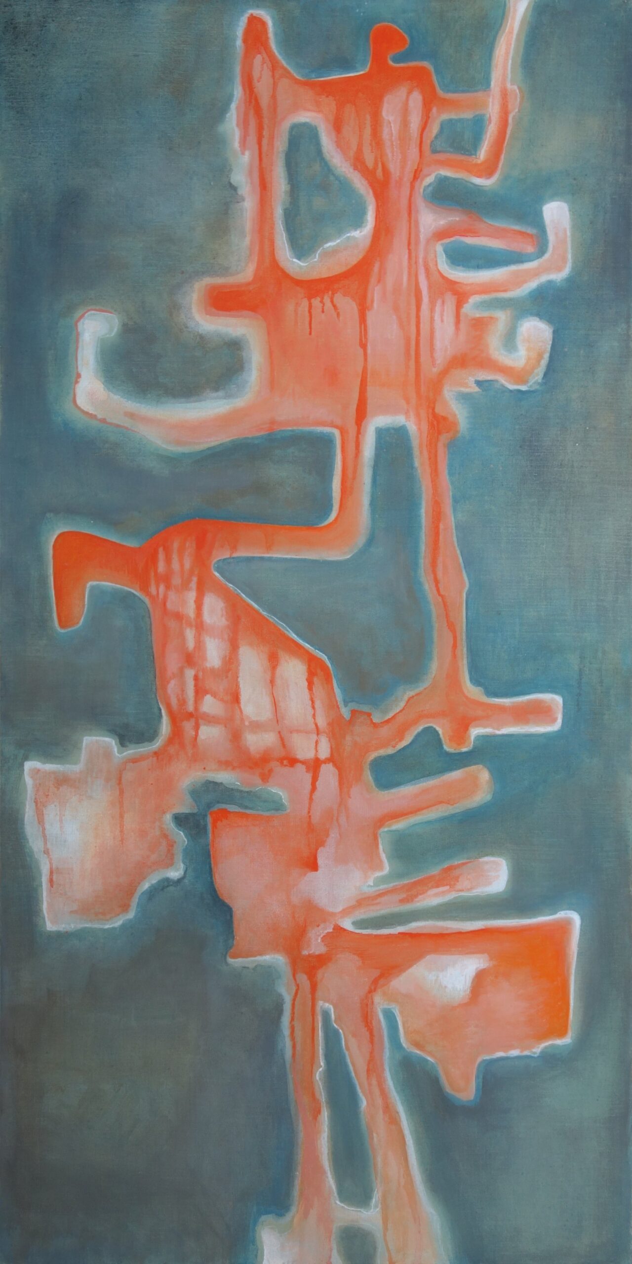 An abstract painting with a bluish background and some orange organic shapes morphing vertically