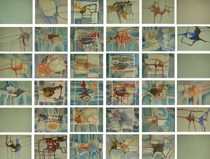 This image is a grid-like collage of abstract paintings featuring organic shapes, interconnected lines, and flowing patterns in a palette of blues, greens, and warm earth tones. The compositions evoke the look of natural landscapes seen from above, resembling rivers, roads, or geological formations. Some sections have empty spaces with a soft gradient, providing visual balance amidst the intricate designs.