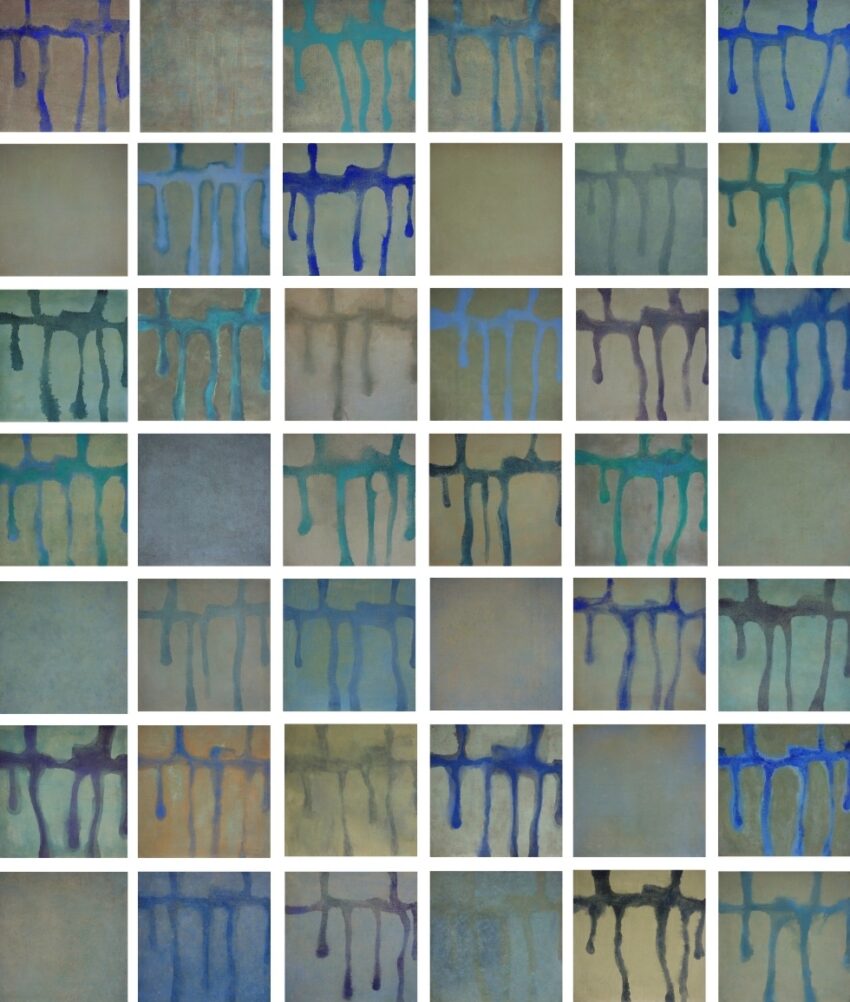 A polyptych composed of 44 square paintings. Each element, measuring 40×40 cm, features abstract patterns with blue and green vertical drips over a textured, earth-toned background. The full installation spans approximately 300×260 cm, with flexible arrangement possibilities. Created using egg tempera on linen canvas with a pigmented primer, the artwork explores saturation, movement, and subtle tonal shifts.