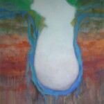 An abstract painting with earth to green colours on the sides and bluish in the middle in the shape of a drop, separated by a clear blue boundary