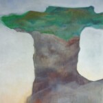 An abstract painting with an irregular shape in greens and earth colours against light bluish to yellowish background