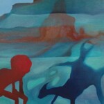 A painting depicting a layered, abstract landscape with shades of blue, teal, and earthy browns. In the foreground, there is a red silhouette of a crouching figure and a dark blue silhouette, possibly an animal. The fluid and blended colours create a dreamlike, atmospheric effect.