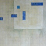 An abstract painting with a bluish grid and some blue squares and rectangles