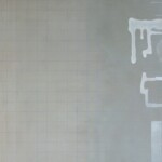 An abstract painting with a bluish grid and some irregular organic white shapes on the right