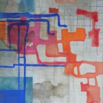 An abstract painting with a bluish grid and various irregular blue and orange shapes