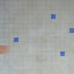 An abstract painting with a bluish grid and some blue squares