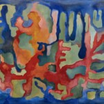 A vibrant abstract painting with interwoven organic shapes in red, orange, green, teal, and blue. The composition has fluid, branching patterns that resemble tree roots, veins, or a topographical map, creating a sense of movement and depth.