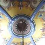 Conservation and reconstruction of the polychrome paintings by Władysław, Leon, and Kazimierz Drapiewski; work carried out as part of a team under the direction of Dr. habil. Sylwester Piędziejewski, 2025. A finished decorative ceiling polychrome in blues, yellows, ochre, and pale greens