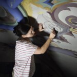 Conservation and reconstruction of the polychrome paintings by Władysław, Leon, and Kazimierz Drapiewski; work carried out as part of a team under the direction of Dr. habil. Sylwester Piędziejewski, 2025.
Photo: Katarzyna Saniuk A female painter at work on a scaffolding under a Gothic vault