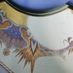 Conservation and reconstruction of the polychrome paintings by Władysław, Leon, and Kazimierz Drapiewski; work carried out as part of a team under the direction of Dr. habil. Sylwester Piędziejewski, 2025. A decorative ceiling polychrome in the process of reconstruction, partially destroyed and with a sketch of the ornament to be reconstructed