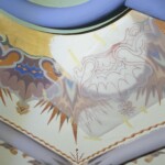 Conservation and reconstruction of the polychrome paintings by Władysław, Leon, and Kazimierz Drapiewski; work carried out as part of a team under the direction of Dr. habil. Sylwester Piędziejewski, 2025. A decorative ceiling polychrome in the process of reconstruction, partially destroyed and with a sketch of the ornament to be reconstructed