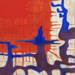 An abstract painting featuring bold vermillion red, blue, and off-white tones. The composition has a striking contrast between a large vermillion area with grid-like patterns and flowing blue organic shapes that resemble tree-like structures or figures reaching out. The dynamic interplay of colors and forms creates a sense of movement and tension.