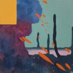 An abstract painting with a blend of deep blues, purples, and greens, contrasted by bold orange shapes floating across the canvas. Tall, dark vertical forms rise from the lower half, while a geometric yellow block anchors the upper left. The composition evokes movement and mystery, with an interplay of organic and structured elements.