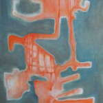 An abstract painting with a bluish background and some orange organic shapes morphing vertically