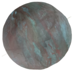 A spherical canvas form with an axis, resembling the globe, painted in irregular organic bluish and earth colour forms.