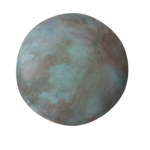 A spherical canvas form with an axis, resembling the globe, painted in irregular organic bluish and earth colour forms.