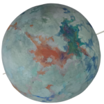 A spherical canvas form with an axis, resembling the globe, painted in irregular organic bluish and earth colour forms.