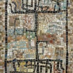 An abstract mosaic made from irregular size tesserae in earth and see colours. A black pattern resembles a labyrinth or roots of a tree going symmetrically up and down.