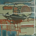 An abstract painting featuring a mix of earthy tones, including green, brown, and red, with white grid-like lines overlaying organic shapes. The composition suggests a map-like structure with fluid, textured elements.