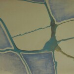 An abstract painting with a network of irregular, intersecting lines in shades of blue and green, forming organic shapes resembling a fragmented landscape or aerial view of fields.