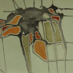 An abstract painting featuring fluid, interconnected shapes in shades of blue, green, and orange, evoking a sense of organic movement or a topographical map.