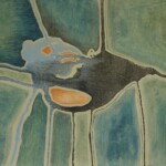 An abstract painting featuring a textured composition of interconnected organic shapes and lines. The dominant colors are deep blue and muted teal, contrasted by patches of warm orange and red. White outlines trace the forms, creating a sense of structure, while a rough, grainy texture spreads across parts of the image, blending colors together. The artwork has a cartographic or aerial-map-like appearance with a fluid, almost geological quality.