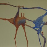 An abstract map-like pattern with branching, organic lines in an orange-blue hue on a light background, resembling veins or a network of pathways.