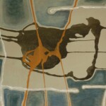 An abstract painting featuring a mix of earthy tones, including green, brown, and red, with white grid-like lines overlaying organic shapes. The composition suggests a map-like structure with fluid, textured elements.