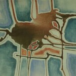 An abstract painting featuring a textured composition of interconnected organic shapes and lines. The dominant colors are deep blue and muted teal, contrasted by patches of warm orange and rusty. White outlines trace the forms, creating a sense of structure, while a rough, grainy texture spreads across parts of the image, blending colors together. The artwork has a cartographic or aerial-map-like appearance with a fluid, almost geological quality.