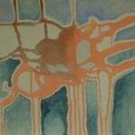 An abstract painting featuring a textured composition of interconnected organic shapes and lines. The dominant colors are deep blue and muted teal, contrasted by patches of warm orange and ochre. Lighter outlines trace the forms, creating a sense of structure, while a rough, grainy texture spreads across parts of the image, blending colors together. The artwork has a cartographic or aerial-map-like appearance with a fluid, almost geological quality.