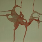 An abstract map-like pattern with branching, organic lines in an orange-ochre hue on a light background, resembling veins or a network of pathways.