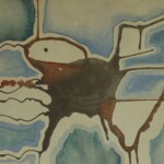 An abstract painting featuring a textured composition of interconnected organic shapes and lines. The dominant colors are deep blue and muted teal, contrasted by patches of earthy brown and rusty. Lighter outlines trace the forms, creating a sense of structure, while a rough, grainy texture spreads across parts of the image, blending colors together. The artwork has a cartographic or aerial-map-like appearance with a fluid, almost geological quality.