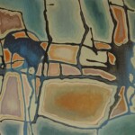 An abstract painting with interconnected shapes partially outlined in black, filled with shades of blue, orange, and beige, resembling a fragmented map or aerial landscape.