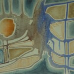 An abstract painting featuring a textured composition of interconnected organic shapes and lines. The dominant colors are deep blue and muted teal, contrasted by patches of warm orange and ochre. Lighter outlines trace the forms, creating a sense of structure, while a rough, grainy texture spreads across parts of the image, blending colors together. The artwork has a cartographic or aerial-map-like appearance with a fluid, almost geological quality.