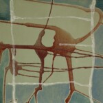 An abstract painting featuring a mix of earthy tones, including green, brown, and red, with white grid-like lines overlaying organic shapes. The composition suggests a map-like structure with fluid, textured elements.