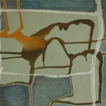 An abstract painting featuring a mix of earthy tones, including green, brown, and red, with white grid-like lines overlaying organic shapes. The composition suggests a map-like structure with fluid, textured elements.