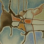 An abstract painting featuring a textured composition of interconnected organic shapes and lines. The dominant colors are light blue and muted teal, contrasted by patches of warm orange and ochre. Lighter outlines trace the forms, creating a sense of structure, while a rough, grainy texture spreads across parts of the image, blending colors together. The artwork has a cartographic or aerial-map-like appearance with a fluid, almost geological quality.