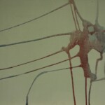 An abstract map-like pattern with branching, organic lines in a rusty-greyish hue on a light background, resembling veins or a network of pathways.