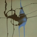 An abstract map-like pattern with branching, organic lines in a blue-brown hue on a light background, resembling veins or a network of pathways.