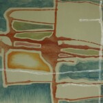 An abstract painting featuring a mix of earthy tones, including green, brown, and red, with white grid-like lines overlaying organic shapes. The composition suggests a map-like structure with fluid, textured elements.