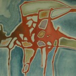 An abstract painting featuring a textured composition of interconnected organic shapes and lines. The dominant colors are deep blue and muted teal, contrasted by patches of warm orange and red. Lighter outlines trace the forms, creating a sense of structure, while a rough, grainy texture spreads across parts of the image, blending colors together. The artwork has a cartographic or aerial-map-like appearance with a fluid, almost geological quality.