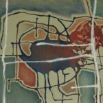 An abstract painting featuring a mix of earthy tones, including green, brown, and red, with white grid-like lines overlaying organic shapes. The composition suggests a map-like structure with fluid, textured elements.