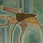 An abstract painting featuring a textured composition of interconnected organic shapes and lines. The dominant colors are subtle blue and muted teal, contrasted by patches of warm orange, ochre, and siena. Lighter outlines trace the forms, creating a sense of structure, while a rough, grainy texture spreads across parts of the image, blending colors together. The artwork has a cartographic or aerial-map-like appearance with a fluid, almost geological quality.