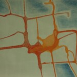 An abstract map-like pattern with branching, organic lines in an orange-ochre hue on a light bluish background, resembling veins or a network of pathways.