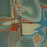 An abstract painting featuring fluid, interconnected shapes in shades of blue, green, and rust red, outlined with bold lines, evoking a sense of organic movement or a topographical map.